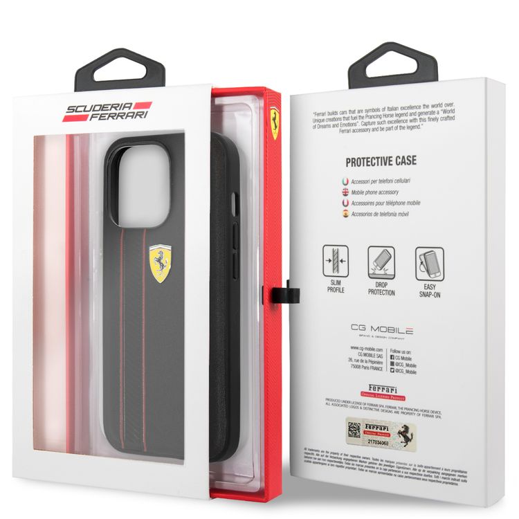 CG MOBILE Ferrari Genuine Leather Hard Case with Debossed Stripes Compatible ffor iPhone 13 Pro (6.1") Shock & Scratches Resistant, Easy Access to All Ports