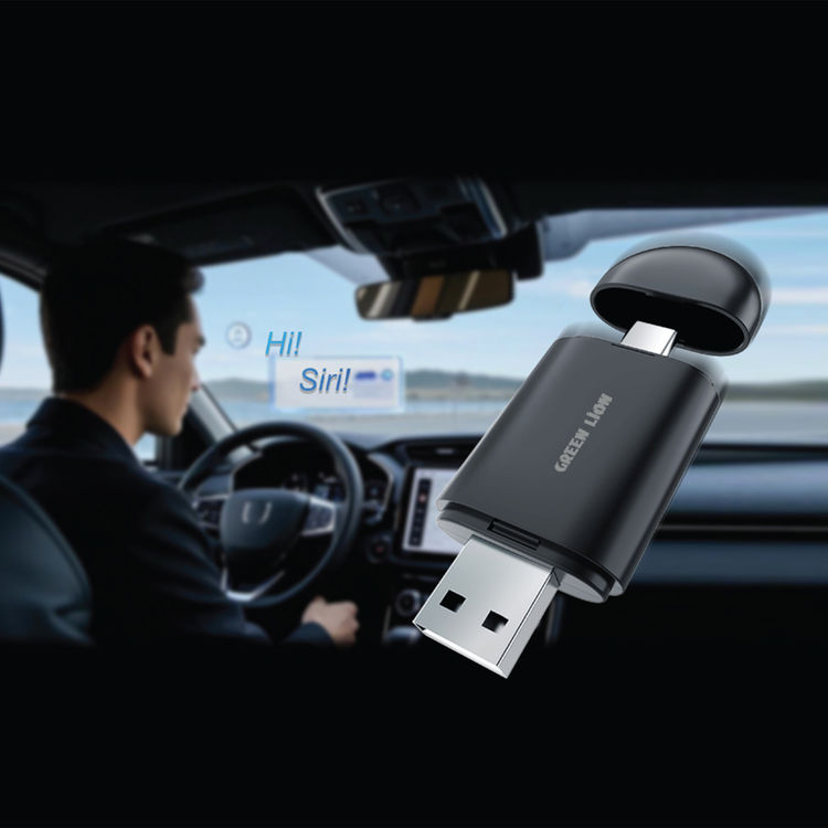 Green Lion 2-in-1 Wireless Adapter CarPlay & Android Auto, iOS & Android Compatible, Bluetooth V5.2, USB-C & USB-A Interface, ABS Material, Seamless Connection, Wired to Wireless Function - Black