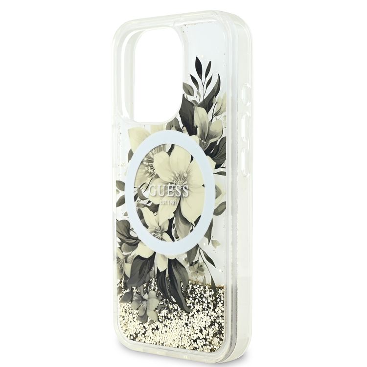 GUESS MagSafe Liquid Glitter Hard Case with Flower Design for iPhone 16 Pro Max, Drop Protection, Accurate Cutouts, Shock-Absorption, Slim Profile - Beige