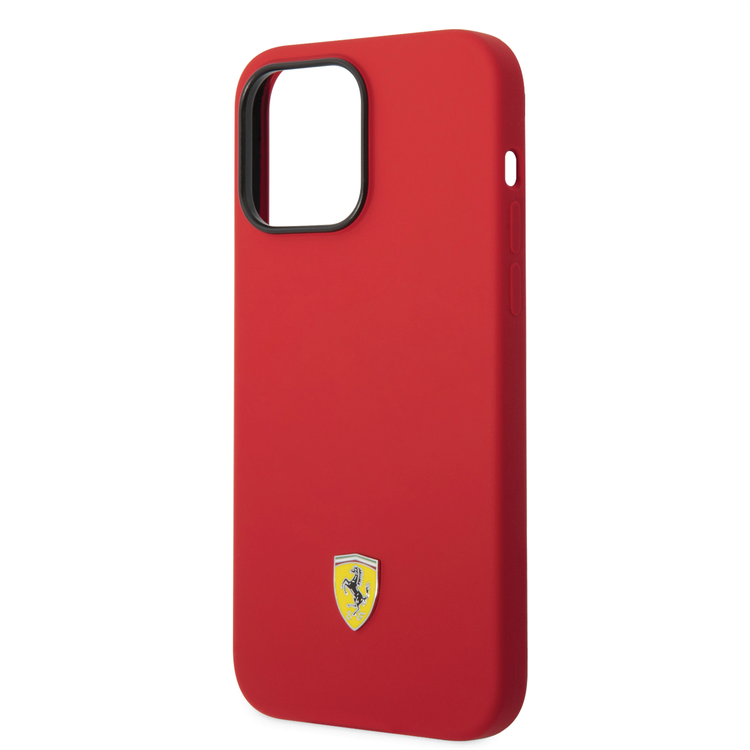 Ferrari Liquid Silicone Case with Black Camera Outline & Metal Logo iPhone 14 Pro Max Compatibility - Red