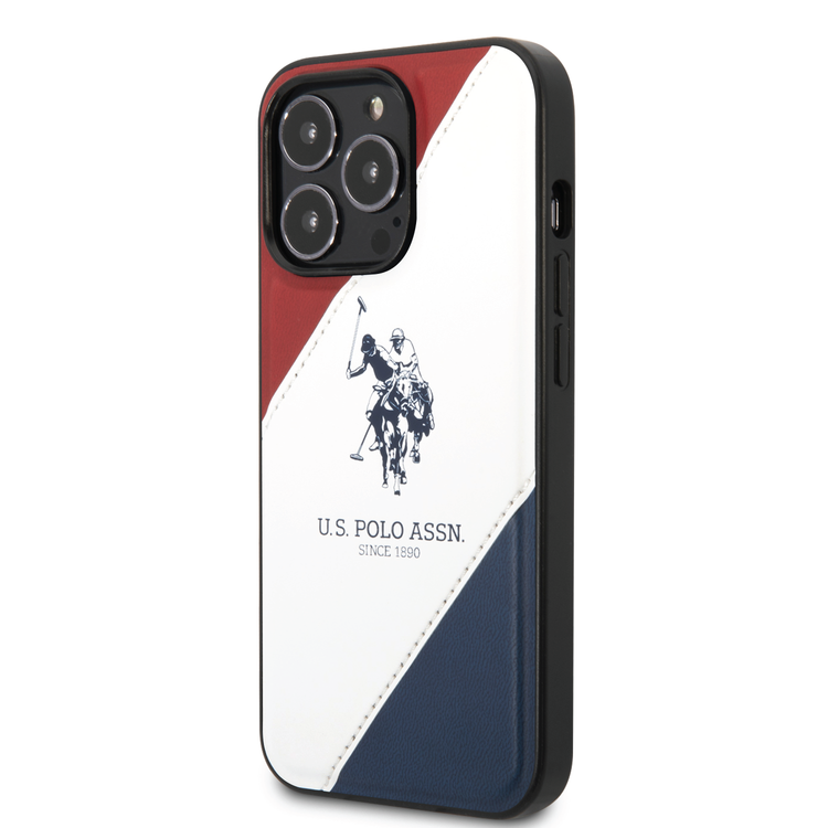 USPA PU Leather Case with Embossed Double Line & Horse Logo iPhone 14 Pro Max Compatibility - Red/White/Navy