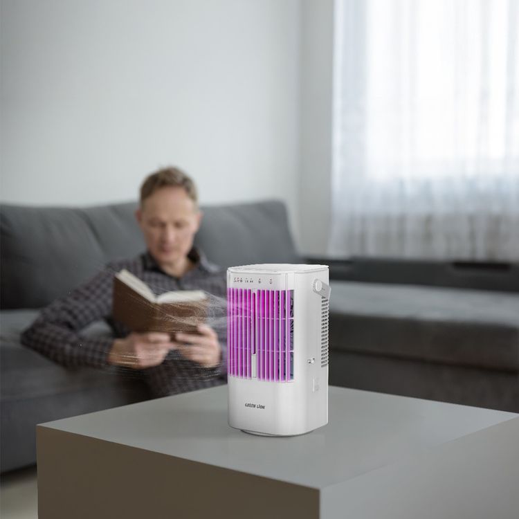 Green Lion Compact Air Cooler Fan with Large Water Tank, Quiet Operation, Portable Handle, Mini Compact, Cool Mist Function, 3500 RPM Range - White