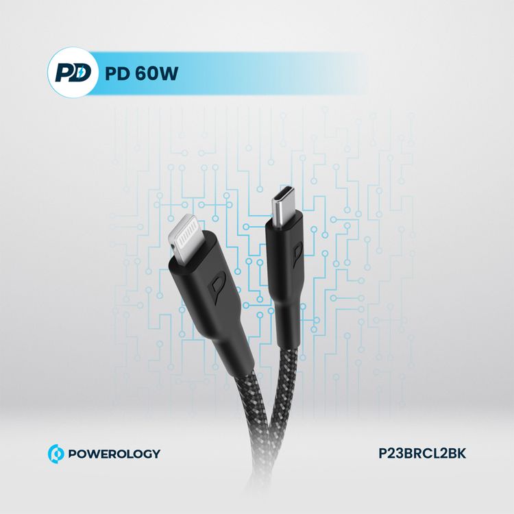 Powerology Braided USB-C to Lightning Cable with 60W Power Delivery, 2m Cable Length, Fast Data Transfer & Fast Charge, Universal Compatibility - Black