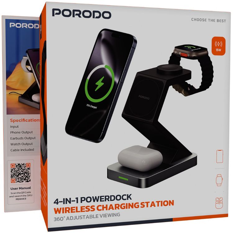 Porodo 4-in-1 PowerDock Wireless Charging Station with Adjustable Night Lamp, 360° Adjustable Viewing, Phone, Watch & Earbuds Outputs, One-Touch Light Control, Smart Charging Protection - Black
