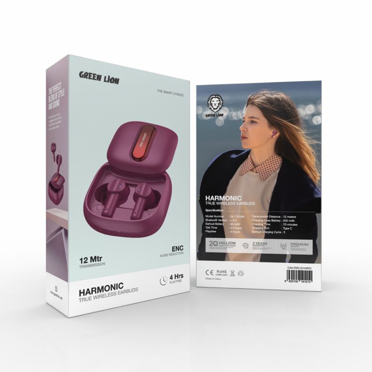 Green Lion Harmonic True Wireless Earbuds with IPX4 Water Resistance, Bluetooth Version 5.3, Multi-Function Touch, 4.5 Hours Talking Time, 4 Hours Playtime, ENC Noise Reduction - Burgundy