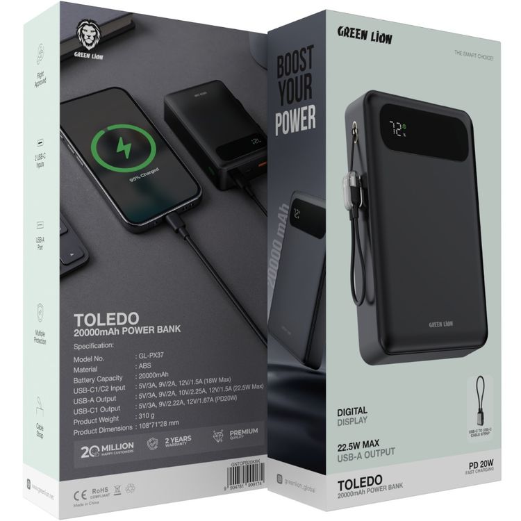 باور بانك جرين ليون توليدو بقوة 10000 مللي أمبير PD 20W مع حزام كابل من USB-C إلى USB-C، ومخرجات USB-A وUSB-C، معتمد للطيران، بشاشة رقمية وشحن سريع - أسود