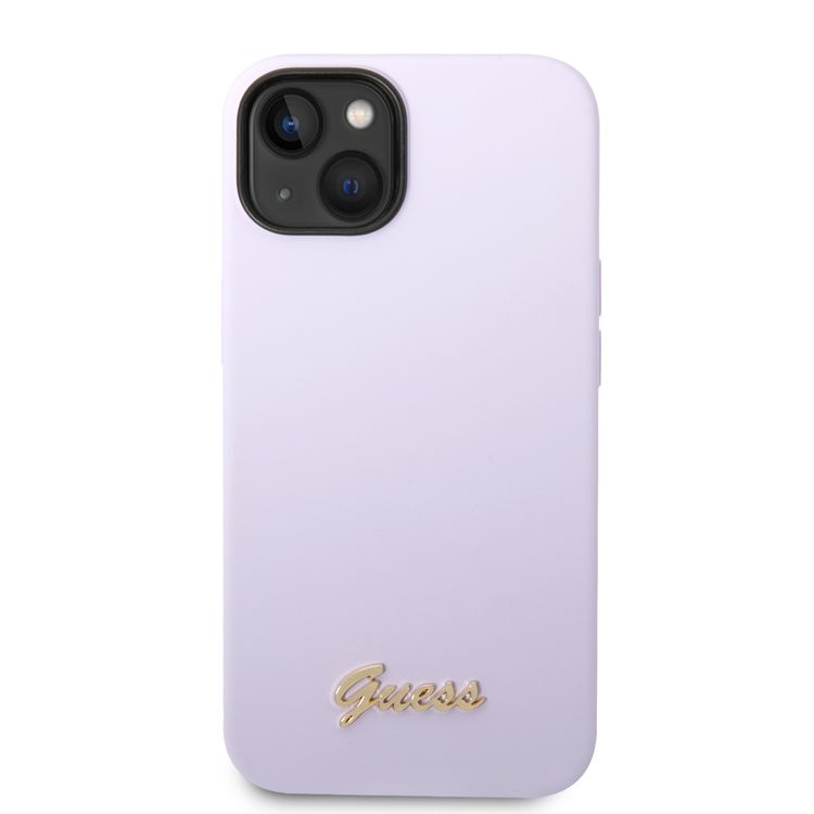 Guess Liquid Silicone Case With PC Camera Outline & Script Metal Logo - iPhone 14 - Purple