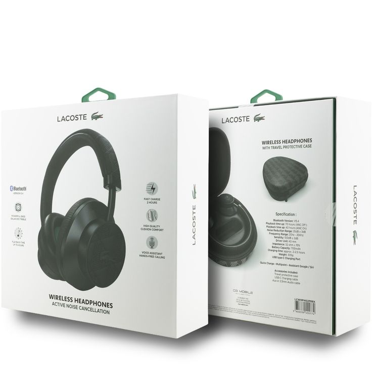 Lacoste Wireless Headphones with Active Noise Cancellation Technology, Up to 70 Hours Play Time, 700mAh Battery, Voice Assistant,40mm Driver, High-Quality Cushion Comfort, Bluetooth Version 5.4 - Black