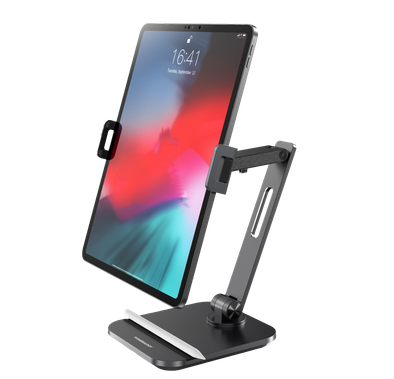 Powerology Smart-Clamp Phone & Tablet Mount with Non-Slip Base, 500mAh Battery, Horizontal & Vertical Viewing, Motorized Automatic Clamp, 360° Rotation, Stylus-Ready Design - Black