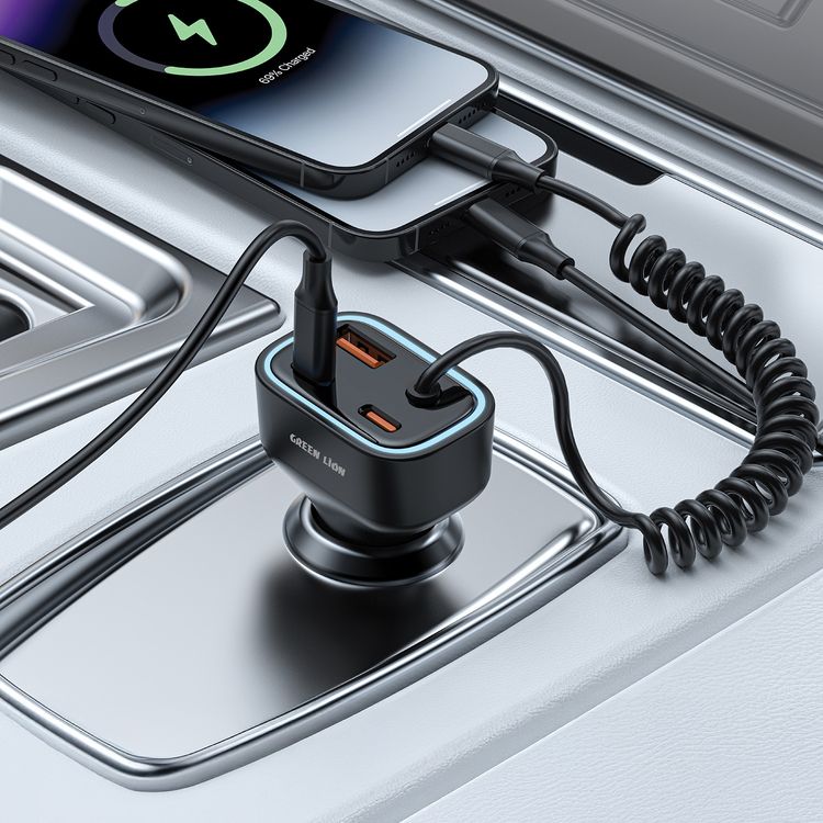 Green Lion 90W Car Charger with Dual PD, 1.2m Built-in USB-C Cable, 45W PD in 30 Minutes, QC 30W USB-A, On-the-Go Convenience, Simultaneous Charging, Soft Ambient LED, Safety Protection, 2-USB-C Ports - Gray