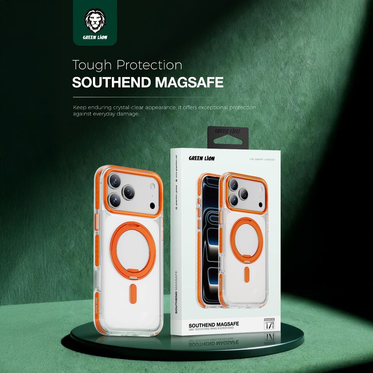 Green Lion Southend Magsafe Case for iPhone 17 Pro Max, Camera Protection, Hybrid Materials, Built-in Kickstand Ring with 360° Rotation, Military-Grade Protection - Orange