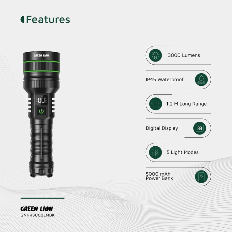 Green Lion Hyper Ray Pro LED Torch with Digital Display, Built-in Power Bank, Up to 7 Hours Working Time, 5 Light modes, 60W Power, Aluminum Alloy Material, 3000 Lumens Brightness - Black