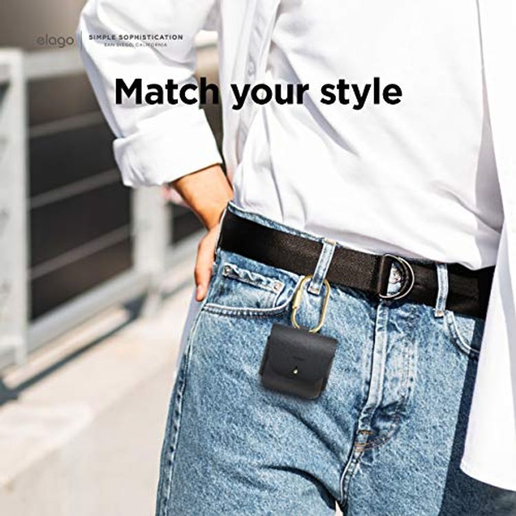 Elago Leather Case with Keychain Compatible with AirPods 3 Case, Natural Cowhide Leather Case with Brass Ring Holder, Supports Wireless Charging - Black