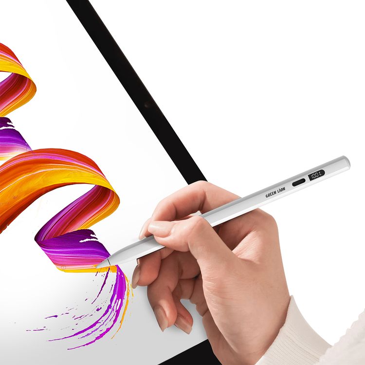 Green Lion Digital Stylus Pencil with Up to 15 Hours Working Time, Removeable & Replaceable Tip, 1.7mm Nib Diameter, OLED Screen Display, Auto-Sleep Mode, Palm Rejection - White