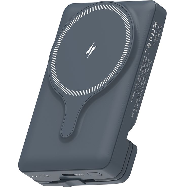Powerology Car Mount 5000mAh Power Bank with Magnetic Wireless Charger, MagSafe Charging, PD 20W Fast Charge, Folding Air-Vent Clip, LED Indicator, Built-In Type-C Cable, Lightweight & Portable - Gray 
