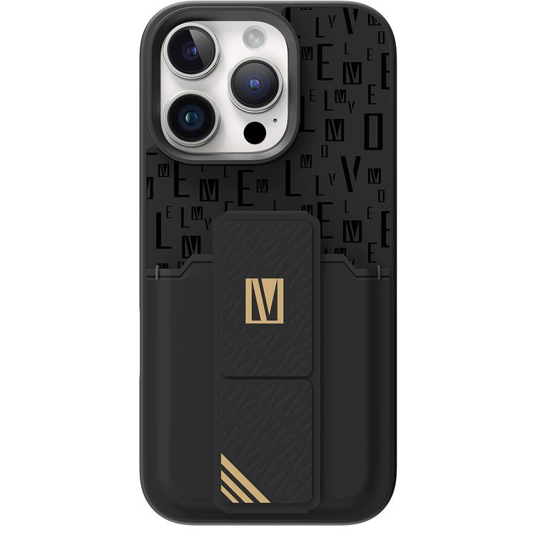 حافظة Levelo Morphix Gripstand مع حامل بطاقات لهاتف iPhone 16 Pro، حامل بطاقات مدمج، زوايا مقاومة للصدمات، ملمس نحيف بدون غطاء، حافة كاميرا مرتفعة، مادة فائقة المتانة - أسود