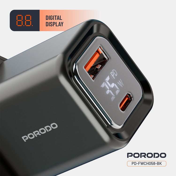 Porodo Dual-Port Quick Wall Charger with 35W Power Delivery, Built-in Safeguards, Digital Display, 0.8A Maximum Rated Current, GaN Technology - Black