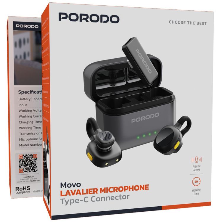 Porodo Movo Lavalier Dual Microphones with Type-C Connector, Precise Reverb, 1 Hour Charging Time, Up to 5 Hours Working Time, 650mAh Case Battery Capacity, 55mAh Microphone Battery Capacity, 15-20m Transmission Distance, Crystal Clear Audio, Auto Pairing Technology, Instant Wireless Setup - Black