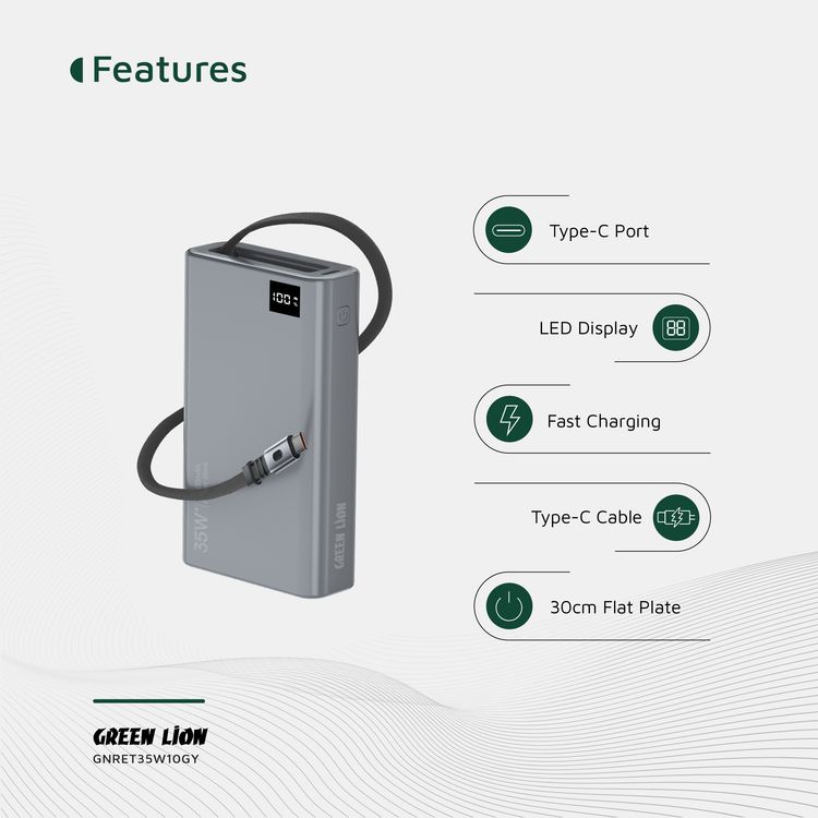 باور بانك جرين ليون بقوة 10000mAh قابل للسحب مع توصيل طاقة 35 واط، شاشة LED، طول كابل 75 سم، منفذ Type-C، دعم للشحن السريع - رمادي