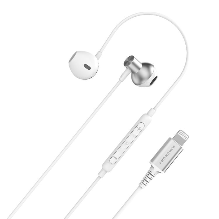 Powerology Stereo Earphones with Lightning Connection, HD Sound Quality, 5mW Max Power, 1.2m Cable Length, Button Control, Hi-Fi Audio, Crystal-Clear Audio, Lightweight & Comfortable Design - White
