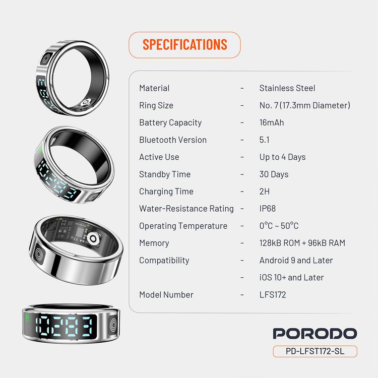 Porodo FitSync Smart Ring with Digital Display with Touch Scroll Function in Small Size 7, Up to 4 Days Active Use Time, 96KB Ram & 128KB ROM, Camera Gesture Control, Activity Tracking & 128 Sport Modes - Silver