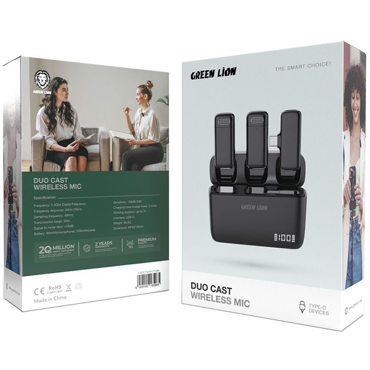 Green Lion Duo Cast Wireless Type-C Microphone with 7 Hours Working Time, Long Distance Transmission, Automatic Pairing, Plug & Play, Lightweight & Compact - Black