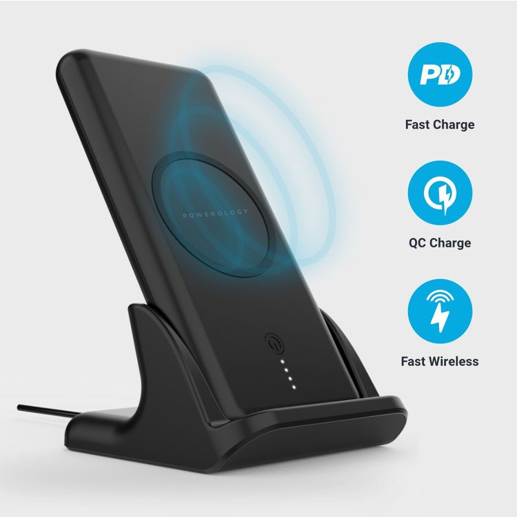 Powerology 2-in-1 Fast Wireless Power Bank, 10000mAh - Black 