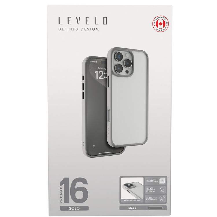 Levelo Solo Case for iPhone 16 Pro Max with Clearview Technology, Matte TPU Bumper, Comfortable Grip, Impact-Resistant Corners, 3H Scratch Resistance - Gray