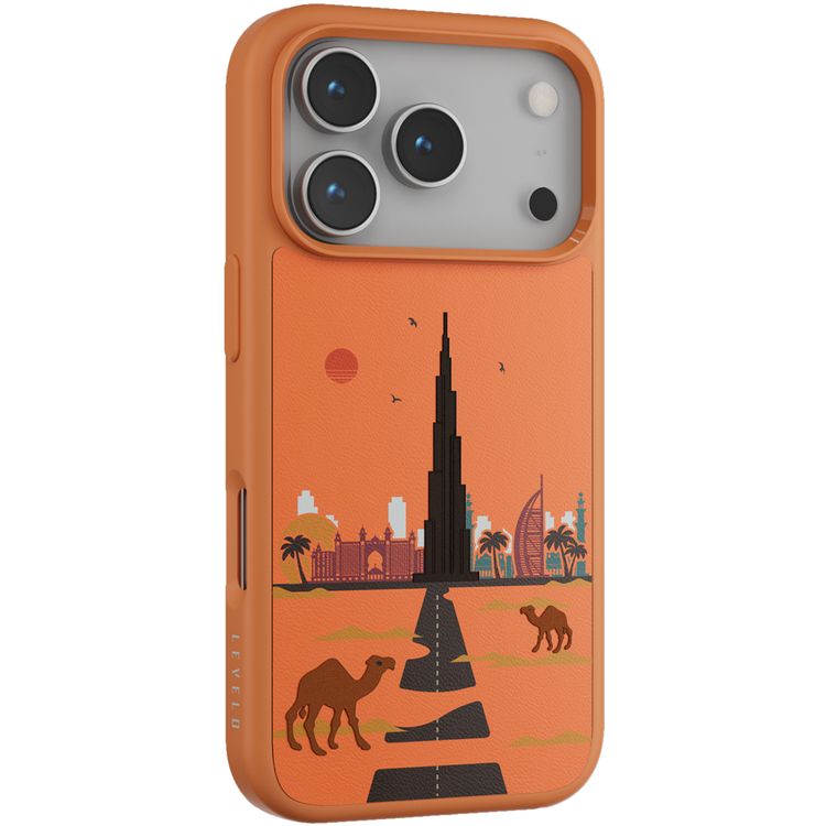 Levelo Vallo PU Leather Case for iPhone 17 Pro Max with Embroidery Dubai Finish, Comfortable Hold, Durable PU Leather, Raised Bezels for Camera and Screen, True Microfiber Interior Lining, Scratch & Wear Resistant, Shock-Resistant Bumper - Sunrise Orange