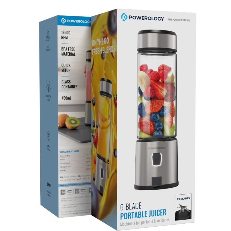 Powerology 6-Blade Portable Juicer with 450ml Capacity, Safety Switch, 126W Motor, Glass Container, USB-C Charging Port, 16500 RPM Speed, Ice Crusher, Stainless Steel Blades - Silver