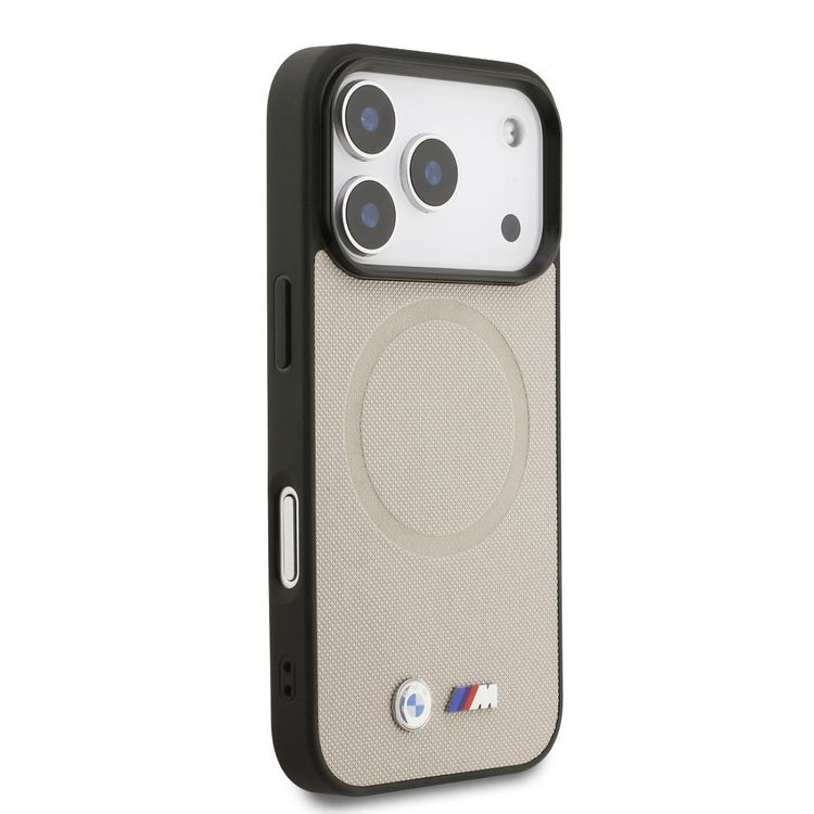 غطاء جلد ملفوف بالكامل من BMW MagSafe مع شعارات معدنية لهاتف iPhone 17 Pro Max، تغليف مستدام، تصميم سهل التركيب، شكل نحيف، حماية من السقوط - رمادي