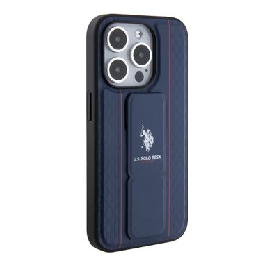 U.S.Polo Assn. PU Leather Textured Pattern Grip Stand Case for iPhone 15 Series - Navy - iPhone 15 Pro