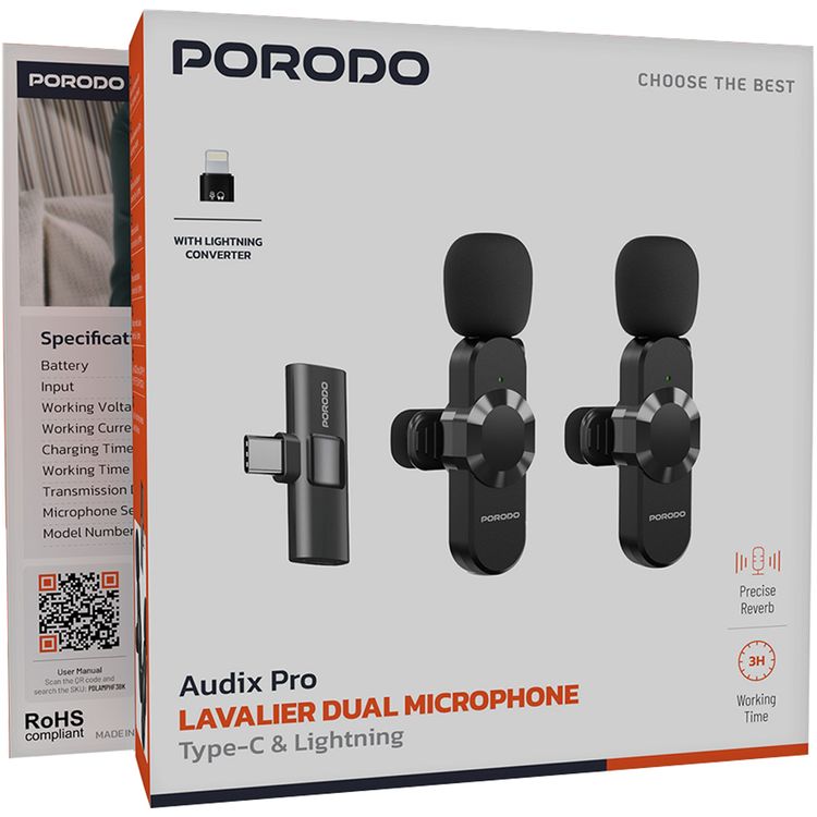 Porodo Audix Pro Lavalier Dual Microphones with Type-C & Lightning Connectoer, Up to 3 Hours Working Time, 1 Hour Charging Time, 40mAh Battery Capacity, Instant Wireless Setup, Auto Pairing Technology, Precise Reverb - Black