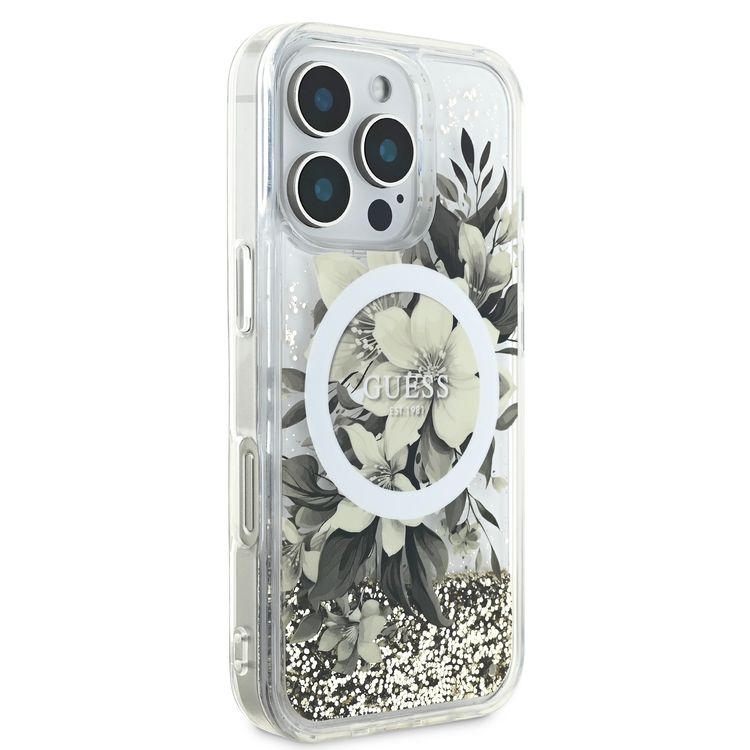 GUESS MagSafe Liquid Glitter Hard Case with Flower Design for iPhone 16 Pro Max, Drop Protection, Accurate Cutouts, Shock-Absorption, Slim Profile - Beige