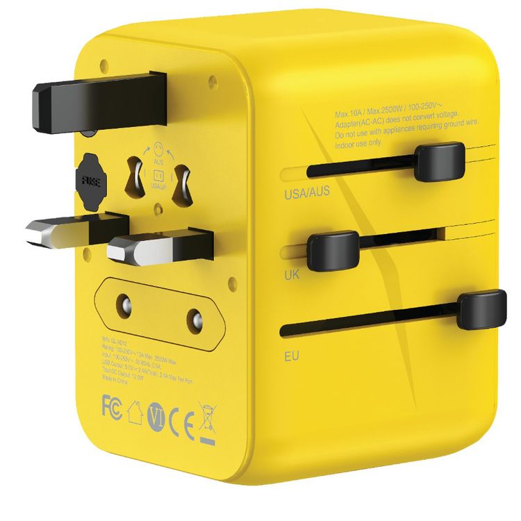 Green Lion 12 W Universal Travel Adapter, Short Circuit Protection, 2500W Max Rating, Super Compact, Travel Frindly - Yellow
