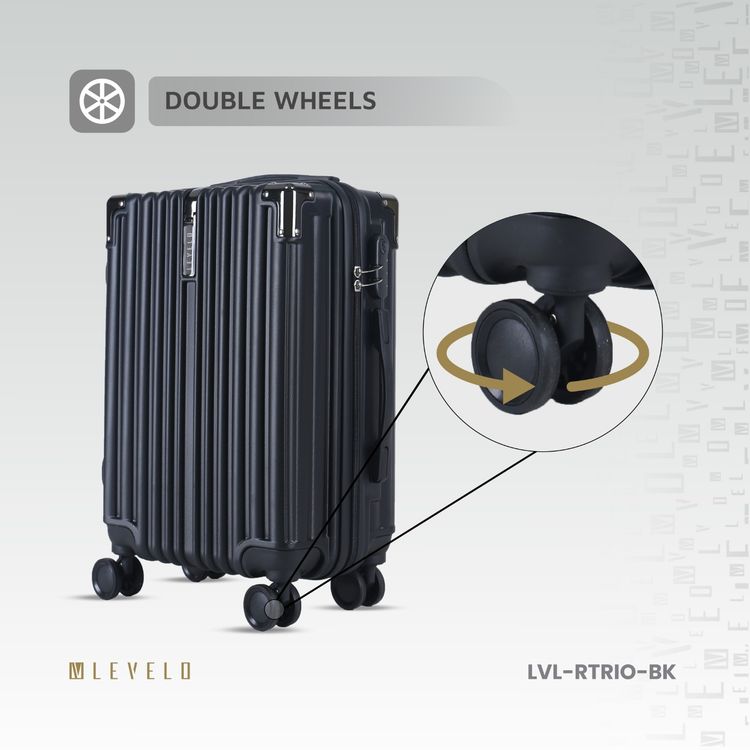 Levelo 3-Set ABS Luggage with Built-in Weighing Scale, Combination Lock, Iron Trolley, Double Wheels, Impact-Resistant Corners & Shock-Resistant, PP & Soft Rubber Handle - Black