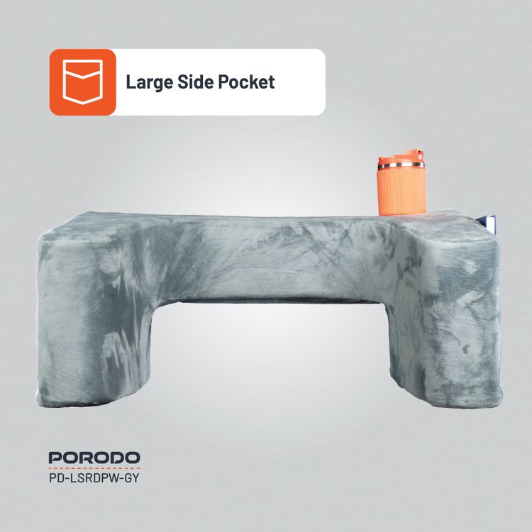 Porodo Lifestyle Laptop Desk Pillow with Large Side Pocket, Washable Cover, Cup Holder, High Density Foam - Gray