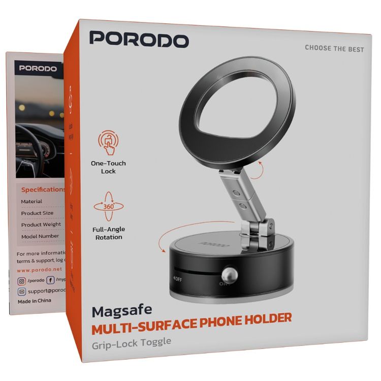 Porodo MagSafe Multi-Surface Phone Holder with Grip-Lock Toggle, 360°Rotation, Strong Magnetic Hold, Foldable Design, Aluminum Alloy, Zinc Alloy & ABS Material, Adjustable Viewing Angle - Black