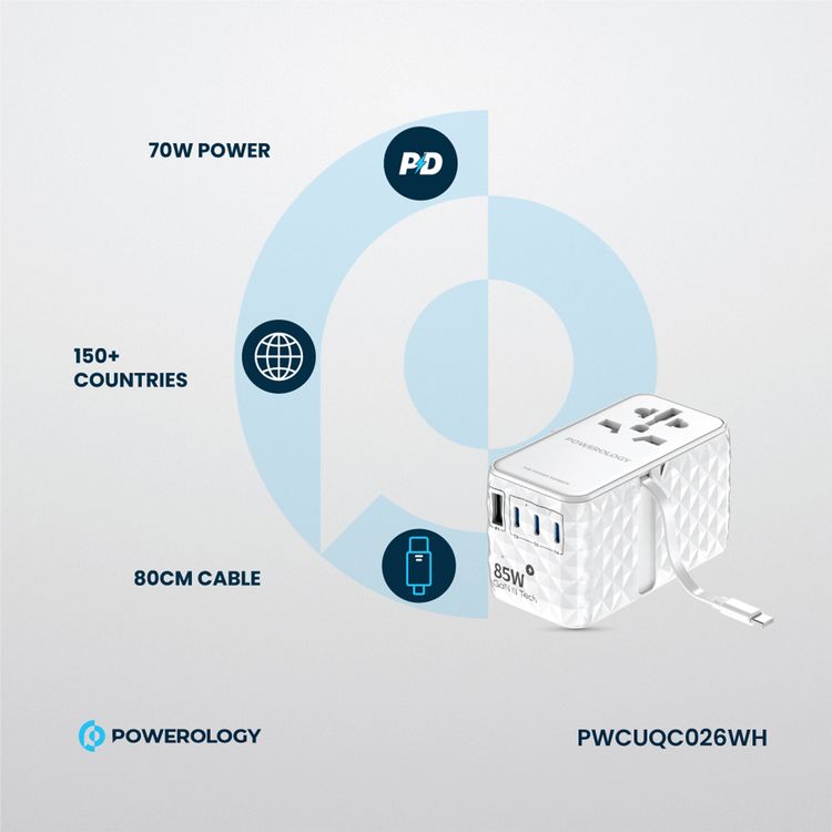 Powerology Universal 85W Super Charger with Retractable Type-C Cable, 70W Power Delivery, GaN Technology, Simultaneous Charging, Spare Fuse Included - White