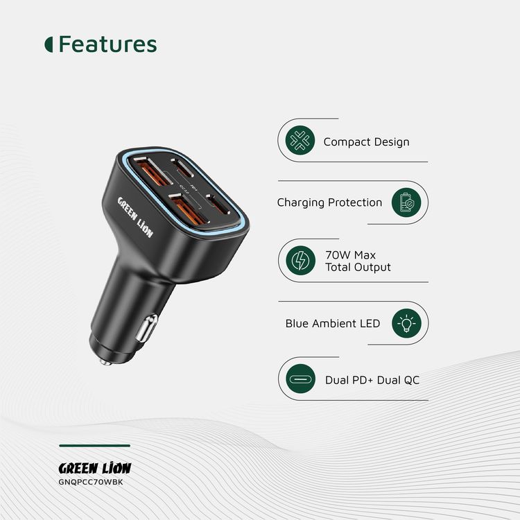 Green Lion Quad Port Car Charger with PD 35W, QC 3.0 35W, 2× USB-A & 2× USB-C Ports, PC Material, Compact Design, Charging Protection, Fast Charge Support - Black
