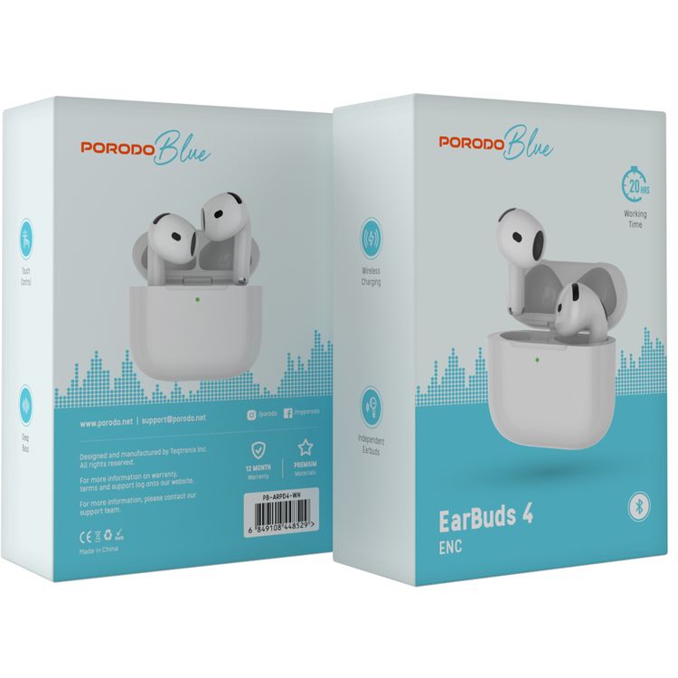 Porodo Blue ENC Earbuds 4 with 20 Hours Working Time, Wireless Charging, Deep Bass, Touch Control - White