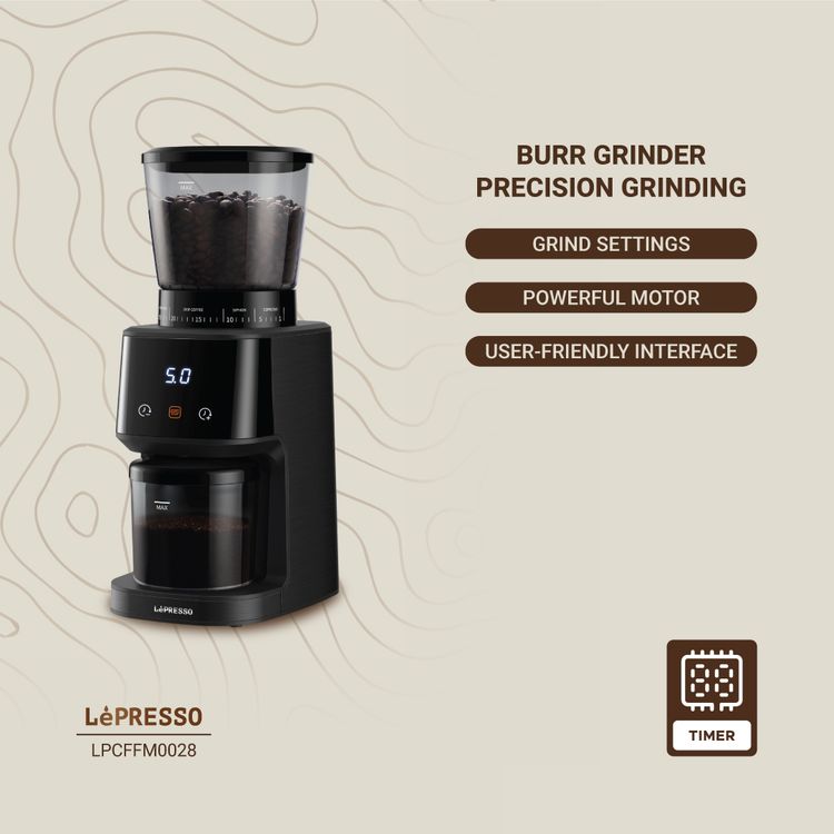 Lepresso Conical Burr Grinder, 275g Bean Hopper Capacity, 99g Chamber Capacity, 31 Grind Settings, User Friendly Interface, Timer Technology - Black