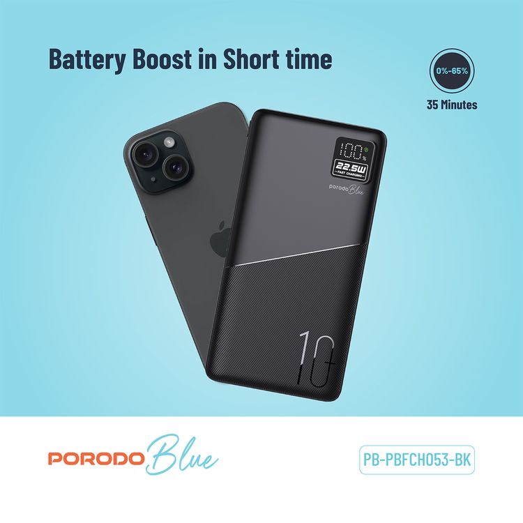 Porodo Blue Quick Charge Power Bank with USB-A & USB-C Outputs, 10000mAh Battery Capacity, Digital Display, 20W Power Delivery - Black