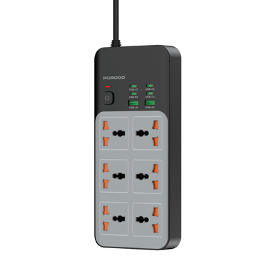 Porodo 3000W Universal Power Strip with 6×AC Sockets, 4×Type-C & 2×USB-A Ports, Safety Power Switch, 24-Hour Timer, Built-in Surge Protection, Fireproof PC Material, UK 3-Pin Plug with 3m Cord Length, Multi-Device Charging - Gray