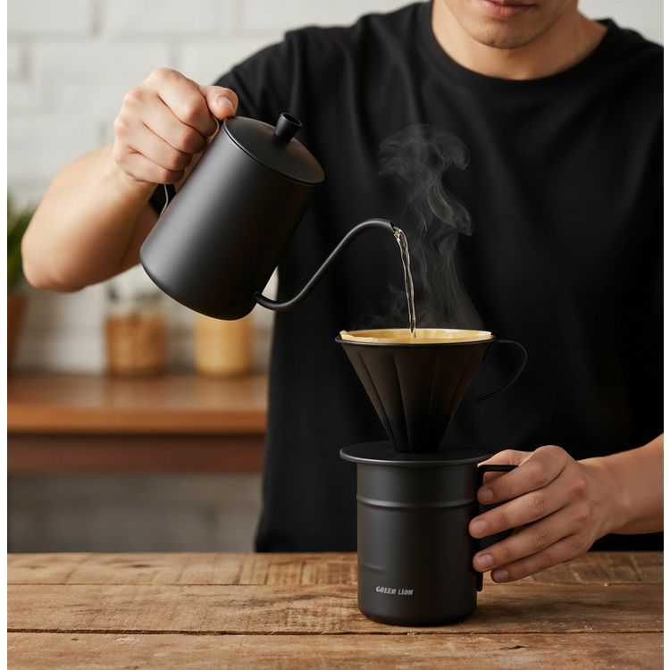 Green Lion V-60 Pro Coffee Maker Set with Gooseneck Kettle, 100 Paper Filters, Precision Scale, Pour-Over Dripper, Adjustable Grinder, 2 Stainless Steel Cups, Travel Case Included - Black