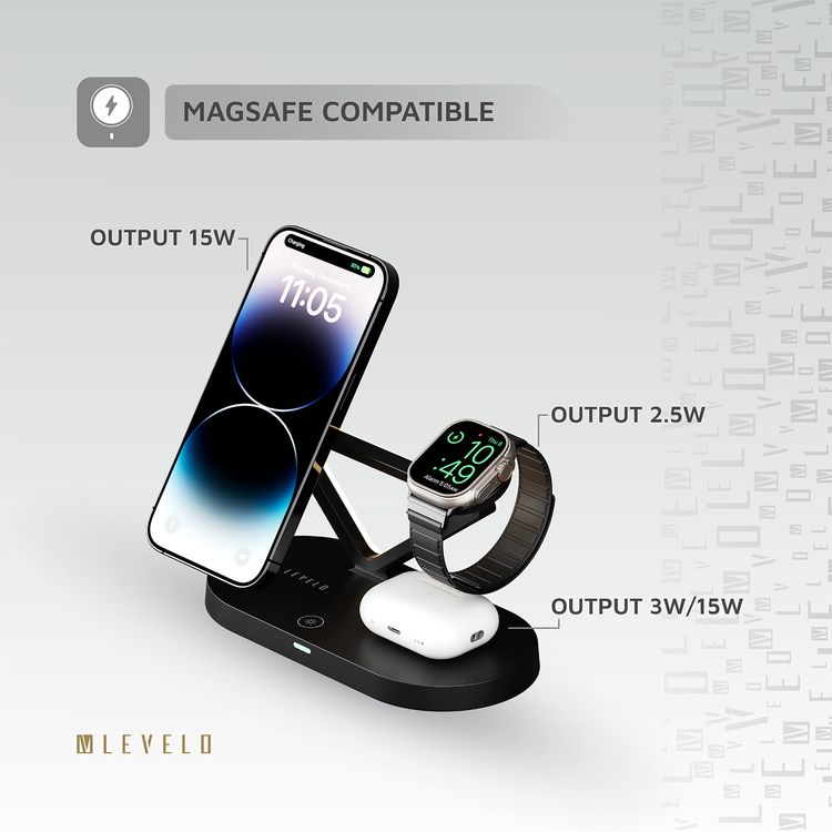 Levelo Premio 5-in-1 Wireless Charger with MagSafe Compatibility, 15W Fast Wireless Charging, Overcurrent Protection, Built-in LED Light, Automatic Object Detection - Black