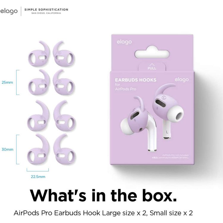 Elago Earbuds Hook Cover, Protective Buffer for Apple AirPods Pro Suitable for Jogging, Cycling, Gym & Fitness Activities [4 Pairs: 2 Large + 2 Small] - Lavender