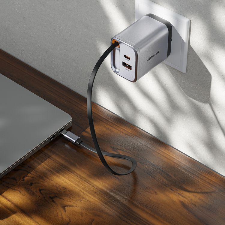 Green Lion GaNPremium EU Plug Wall Charger with 40W Power Delivery, Retractable Type-C Cable, 0%-50% Charge in 30 Minutes, PC Flame Retardant Material, USB-C & USB-A Ports - Gray