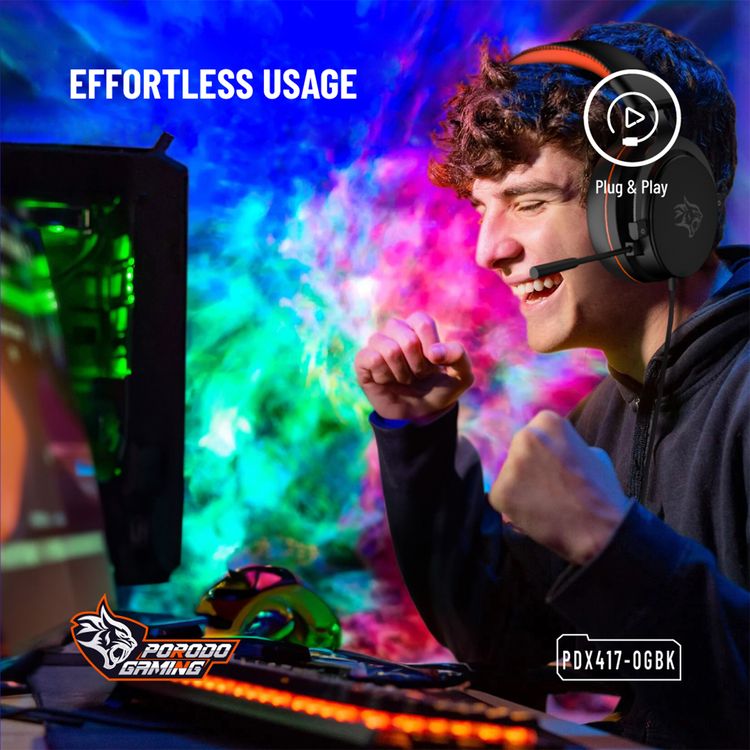 Porodo Gaming 7.1 Surround Gaming Headset with Soft Breathable Ear Pads, Noise Cancelling Microphone, 50mm Driver Size, Convenient Mic Design, 1.5m Cable Length, RGB Lights - Black