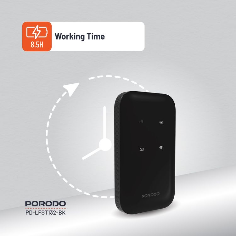 Porodo 4G Wireless Pocket Router with Secure Encryption, 10 Connected Devices, 3000mAh Battery Capacity, 8.5 Hours Working Time, Type-C Charging Port, WiFi 6 Standard, Lightweight and Portable - Black